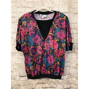 Vintage Top Notch Shirt Women 20W Pink Floral 80s Short Sleeve Satin Art to Wear